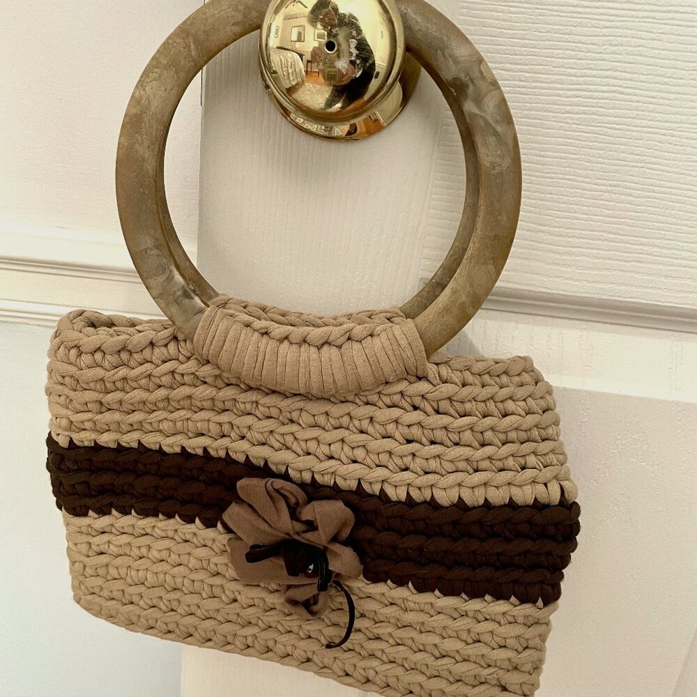 Sturdy Crochet Handbag with Wood Handles